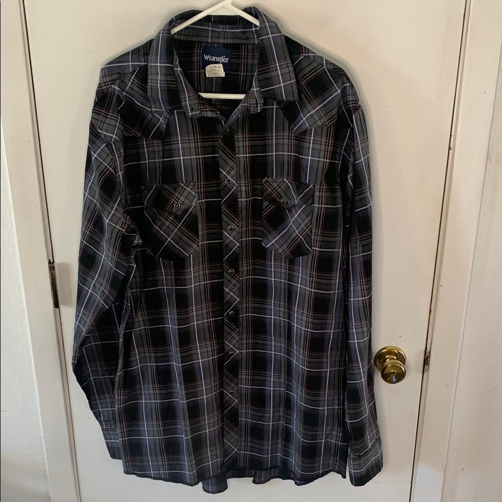 Wrangler black grey plaid long sleeve western button down shirt Sz 2XL Tall